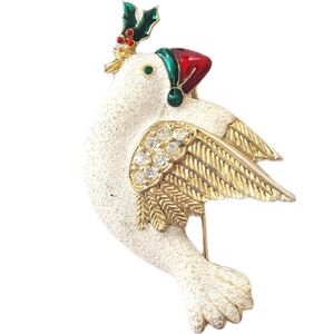Vintage SJ Stamped Glittery Turtle Dove Christmas Holiday Santa Brooch Pin